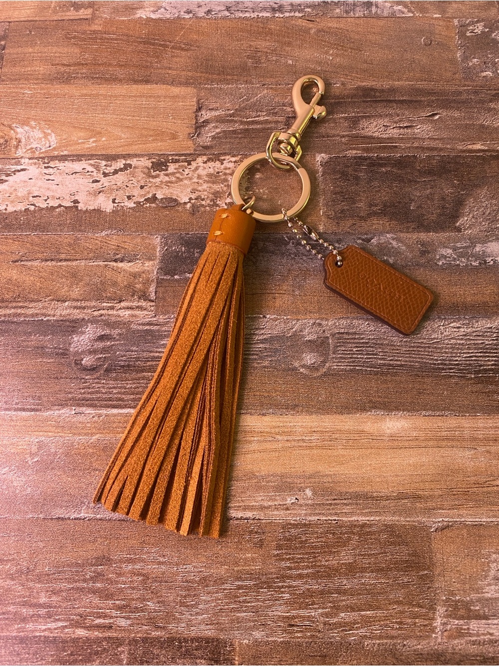 Coach Tan Leather Tassel Keychain with Gold Hardware